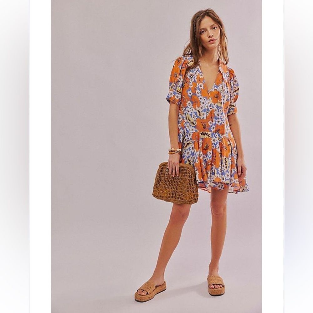 Orange Floral Short Sleeve Ruffle Hem Dress